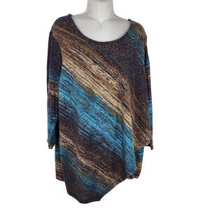 JM Collection Top 2X Woman Asymmetrical 3/4 Sleeve Brown Teal Metallic Knit Wrap